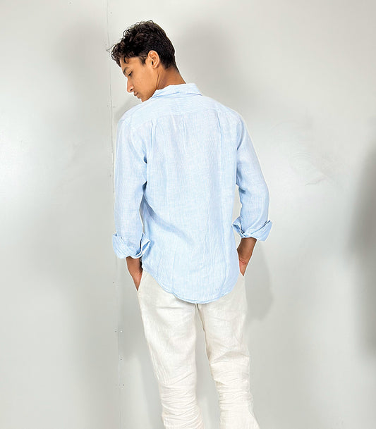 Gap Blue Linen White Pinstripe Casual Long Sleeve Shirt | Size: Small