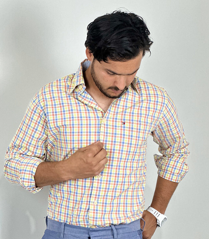 Tommy Hilfiger Blue Yellow Button-Down Casual Shirt | Size: Large