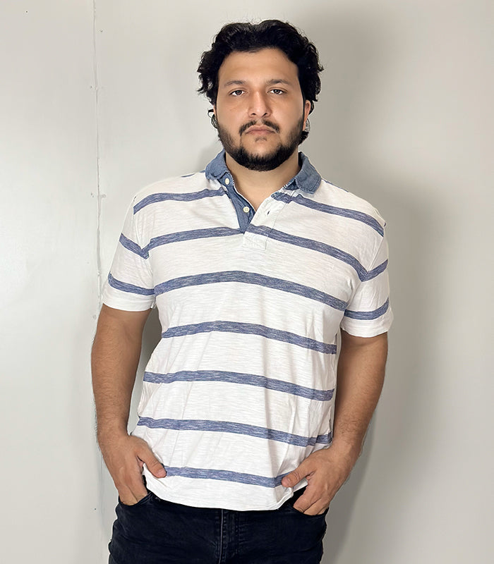 Tommy Hilfiger White Blue Polo Half Sleeve Denim | Size: XL