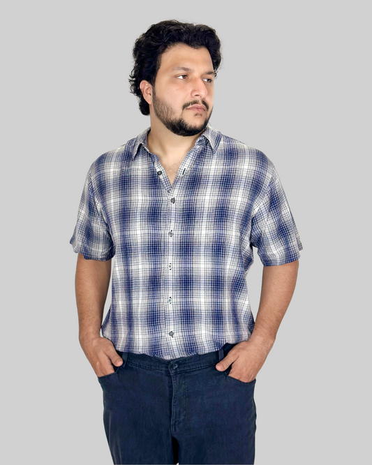 CK Blue Stiped Half Sleeve Dress Shirt | Large