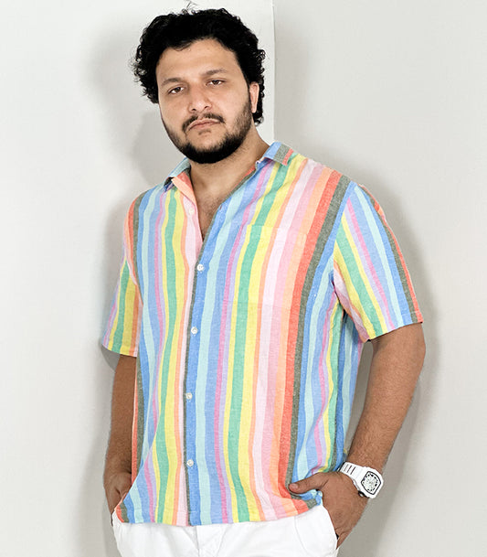 Gap Men's Linen Blend SS Button Colorful Strips | Size: XL