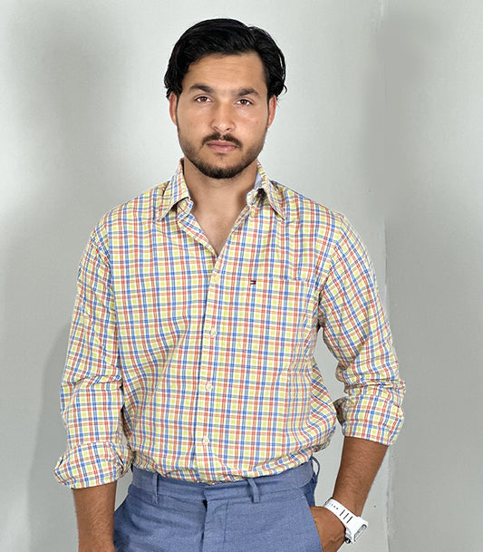 Tommy Hilfiger Blue Yellow Button-Down Casual Shirt | Size: Large