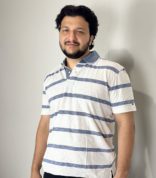 Tommy Hilfiger White Blue Polo Half Sleeve Denim | Size: XL