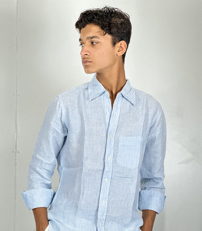 Gap Blue Linen White Pinstripe Casual Long Sleeve Shirt | Size: Small