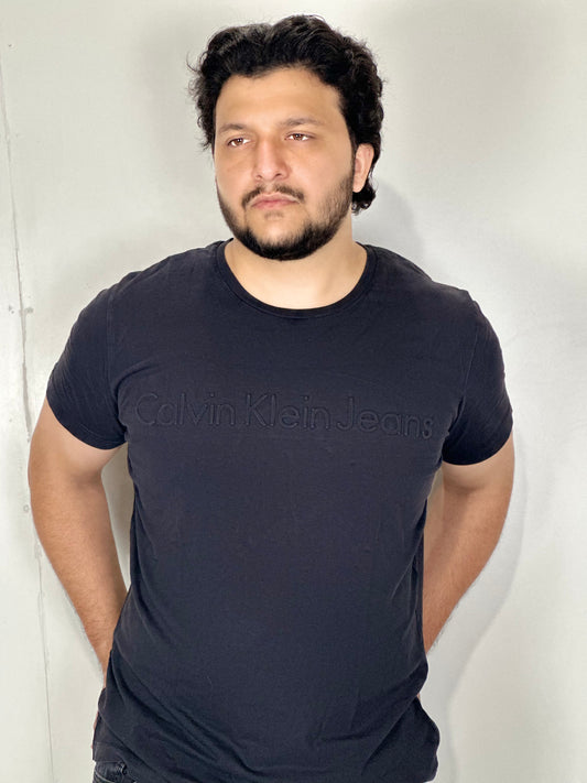 CK Logo Embossed Black T Shirt | Size: XL