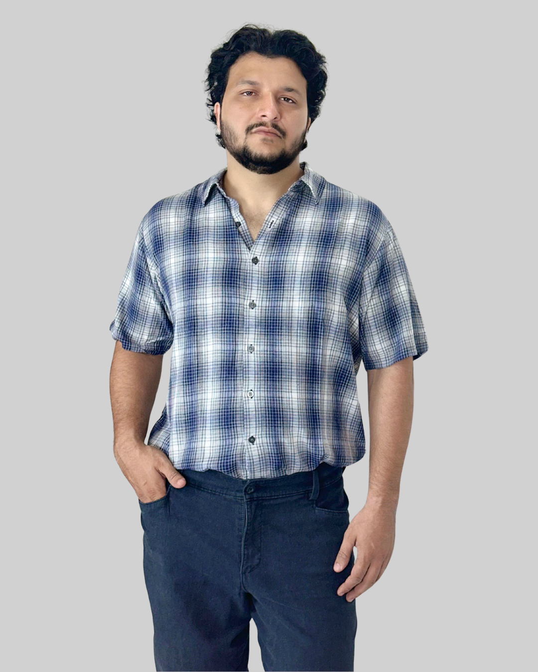 CK Blue Stiped Half Sleeve Dress Shirt | Large