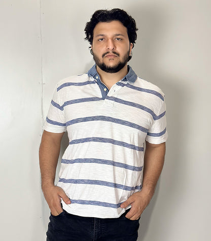 Tommy Hilfiger White Blue Polo Half Sleeve Denim | Size: XL