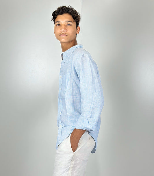 Gap Blue Linen White Pinstripe Casual Long Sleeve Shirt | Size: Small