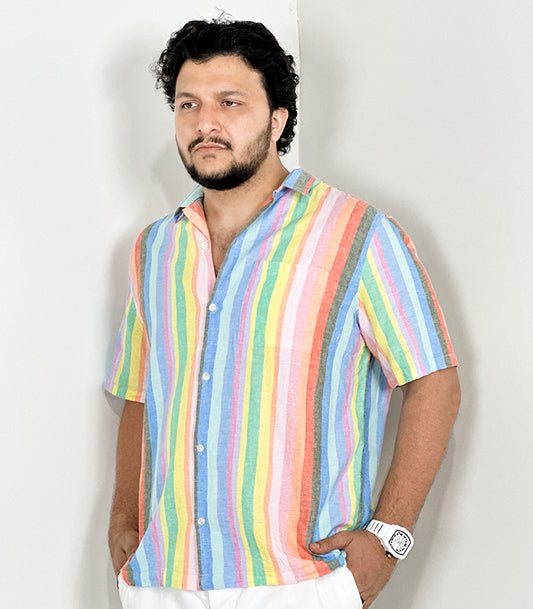 Gap Men's Linen Blend SS Button Colorful Strips | Size: XL
