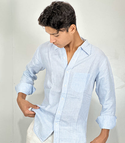 Gap Blue Linen White Pinstripe Casual Long Sleeve Shirt | Size: Small