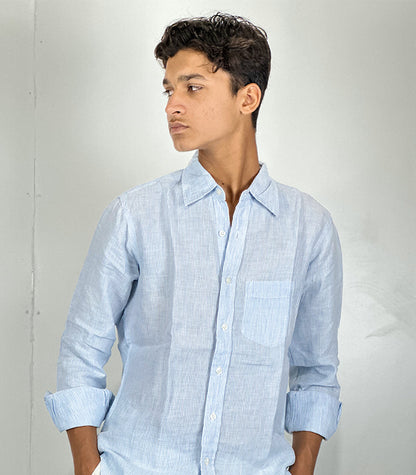 Gap Blue Linen White Pinstripe Casual Long Sleeve Shirt | Size: Small