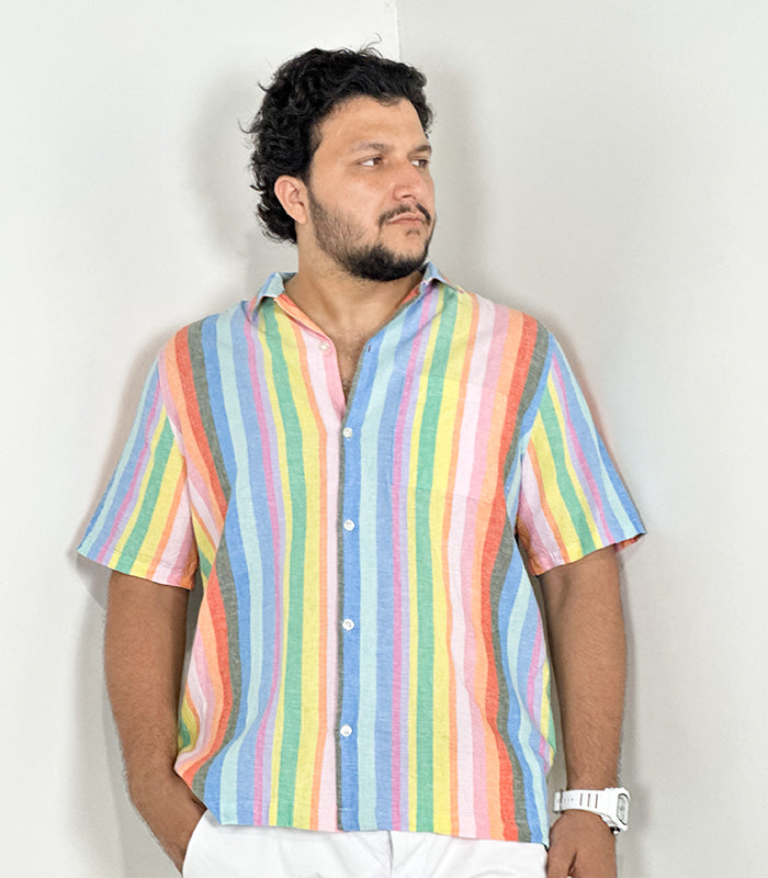 Gap Men's Linen Blend SS Button Colorful Strips | Size: XL