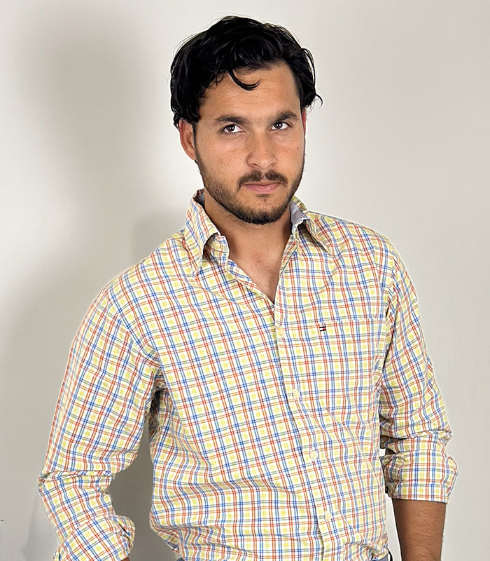 Tommy Hilfiger Blue Yellow Button-Down Casual Shirt | Size: Large