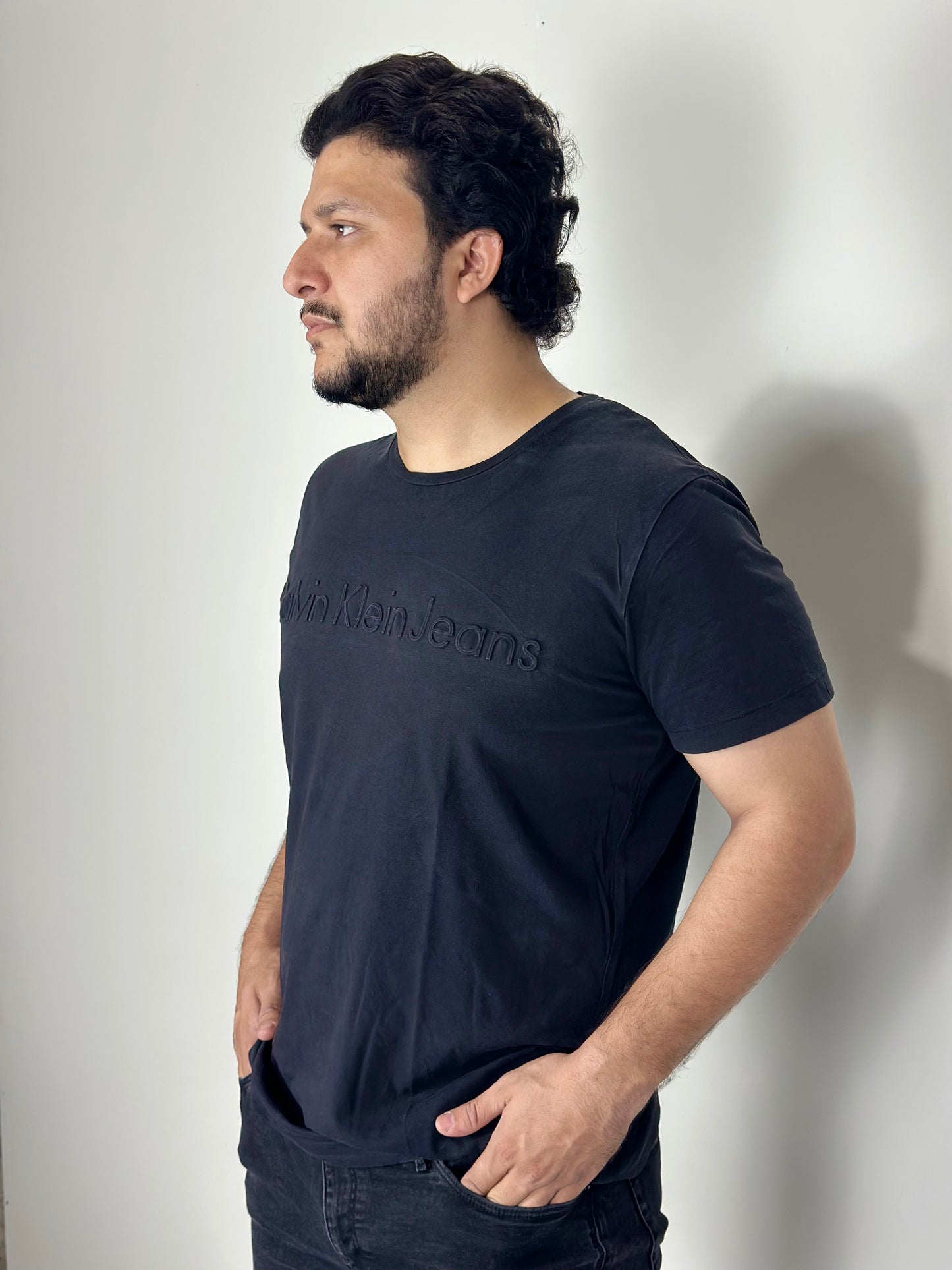 CK Logo Embossed Black T Shirt | Size: XL